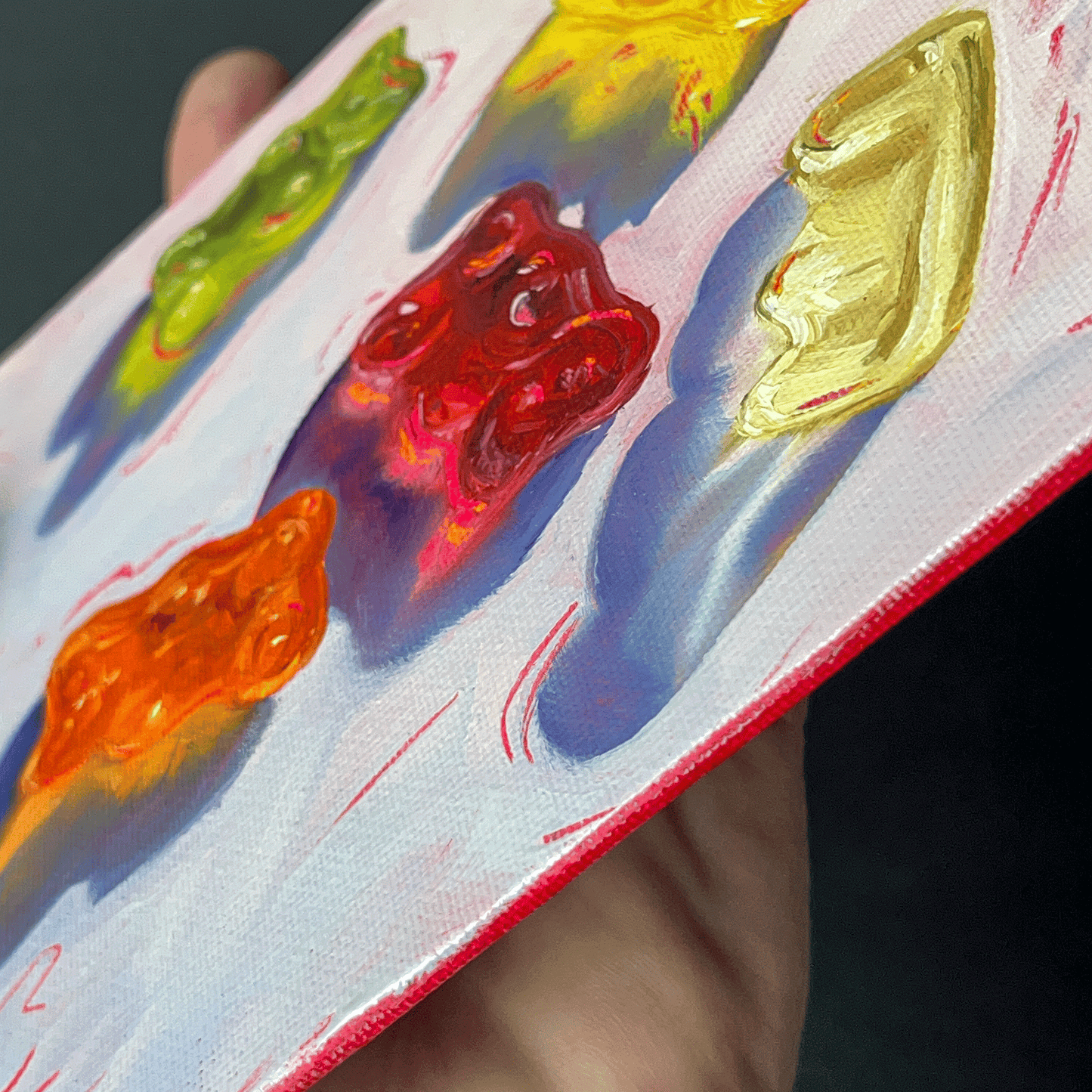 6x6 candy still life painting of gummy bears in the light by hwstroupart