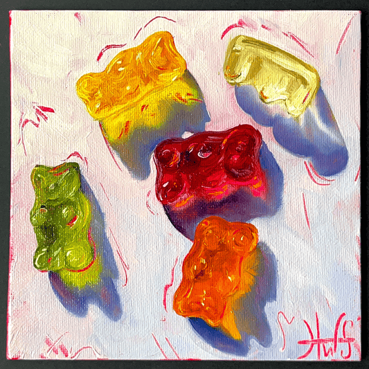 Colorful painting of gummy bears on a textured background