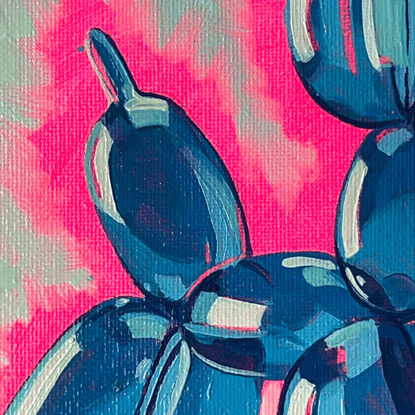 close up blue balloon dog painting pink background