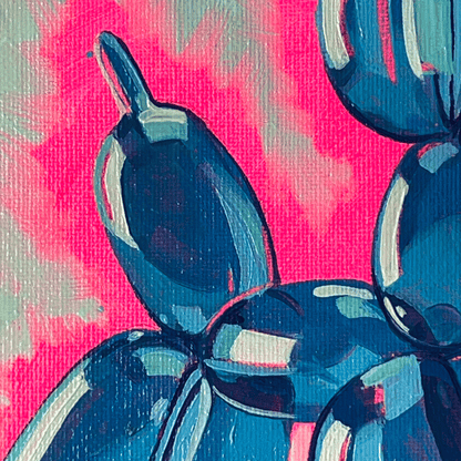 close up blue balloon dog painting pink background