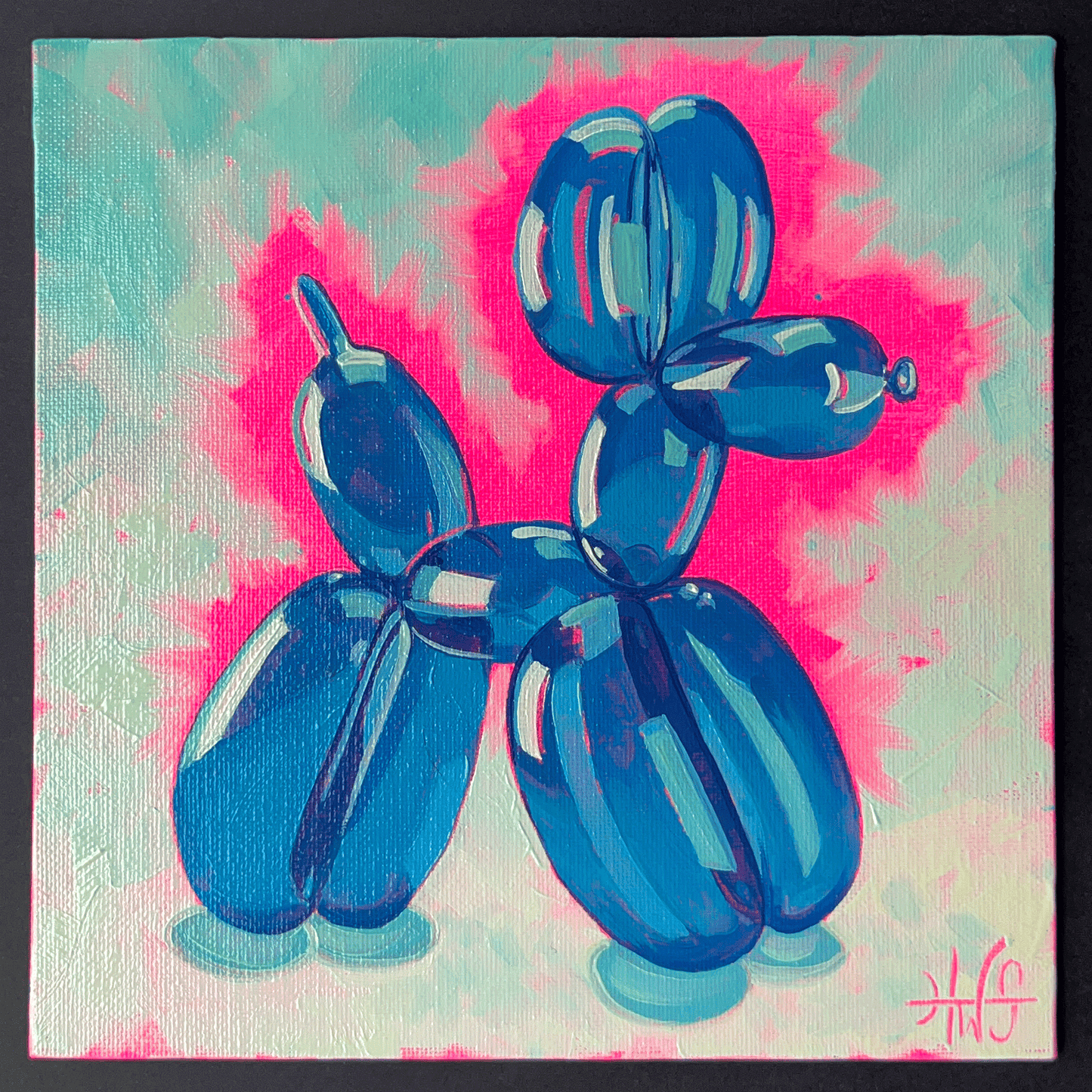 Blue balloon dog sculpture on a colorful abstract background. small 6x6 balloon dog oil painting by hwstroupart.