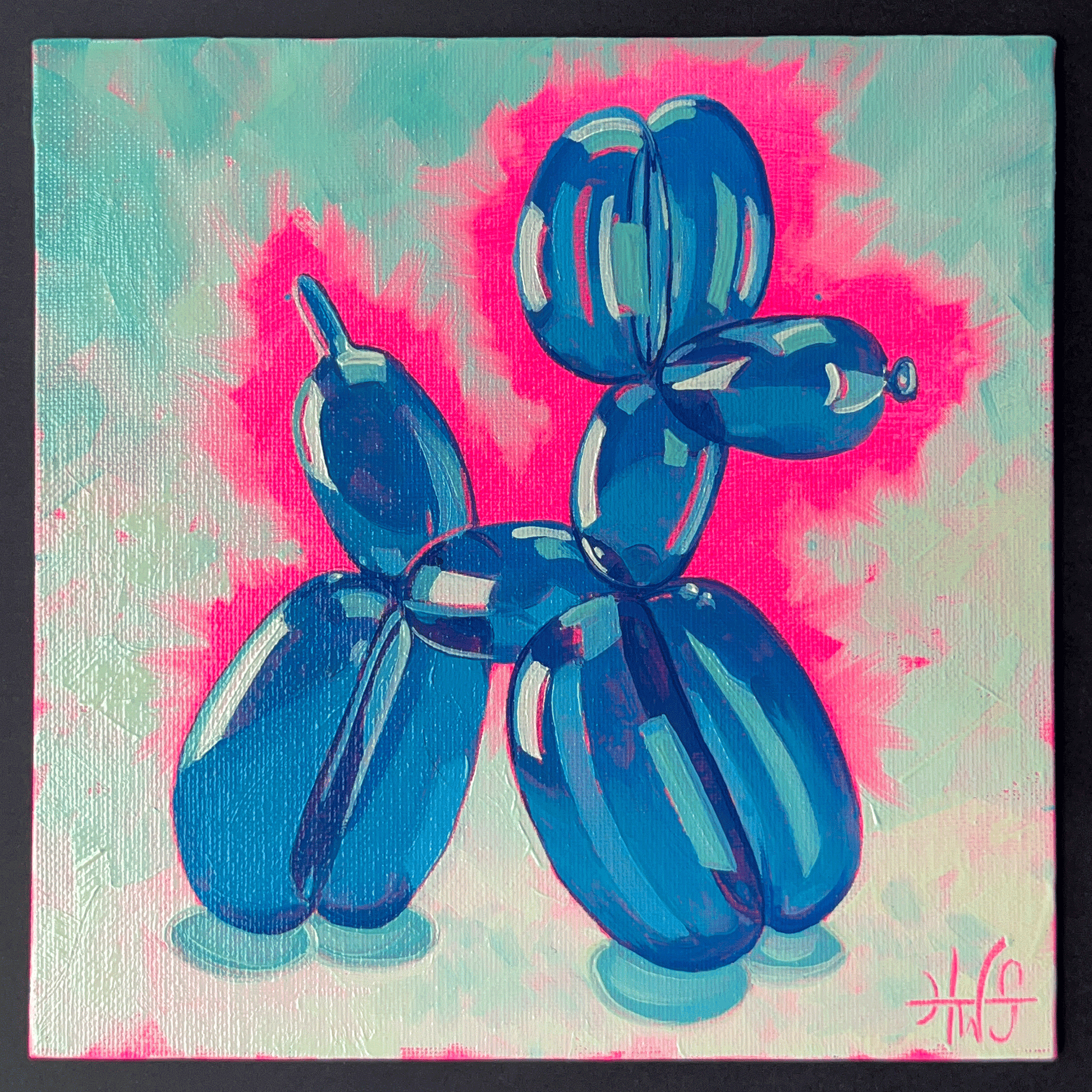 Blue balloon dog sculpture on a colorful abstract background. small 6x6 balloon dog oil painting by hwstroupart.
