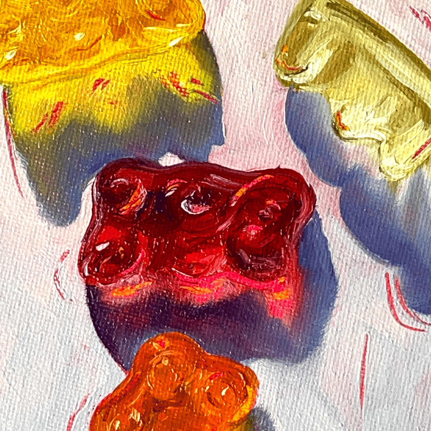 close up gummy bear oil painting with sunlight