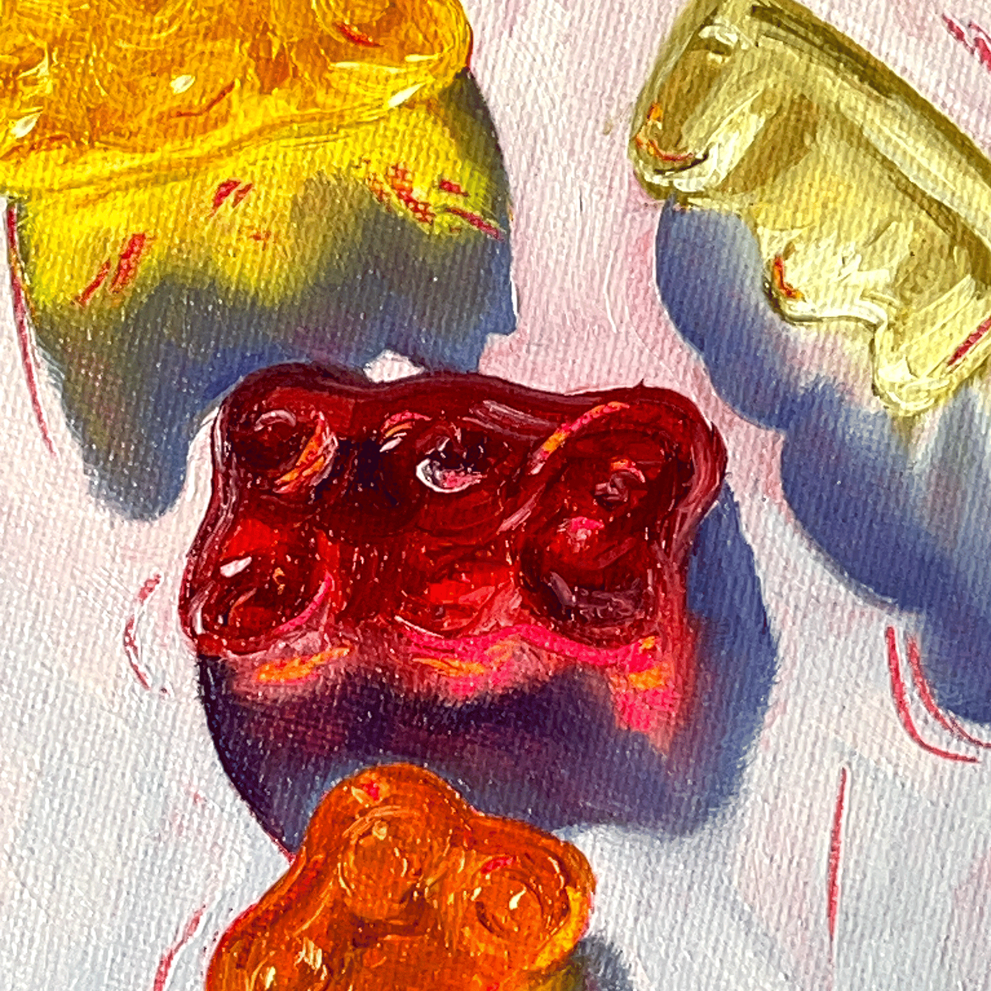 close up gummy bear oil painting with sunlight