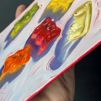 6x6 candy still life painting of gummy bears in the light by hwstroupart
