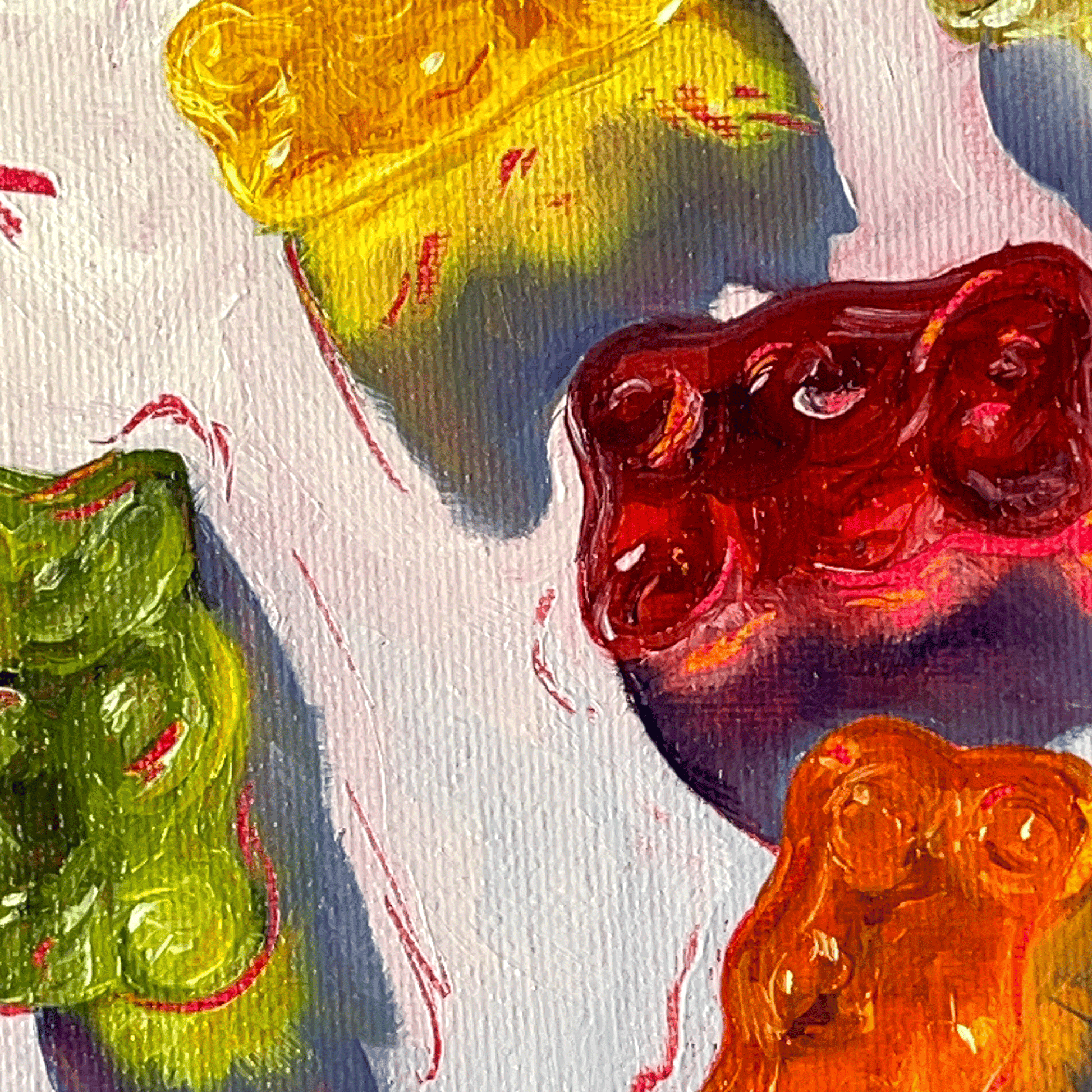 Colorful gummy bear candies on a textured surface. 6x6 candy still life painting by hwstroupart