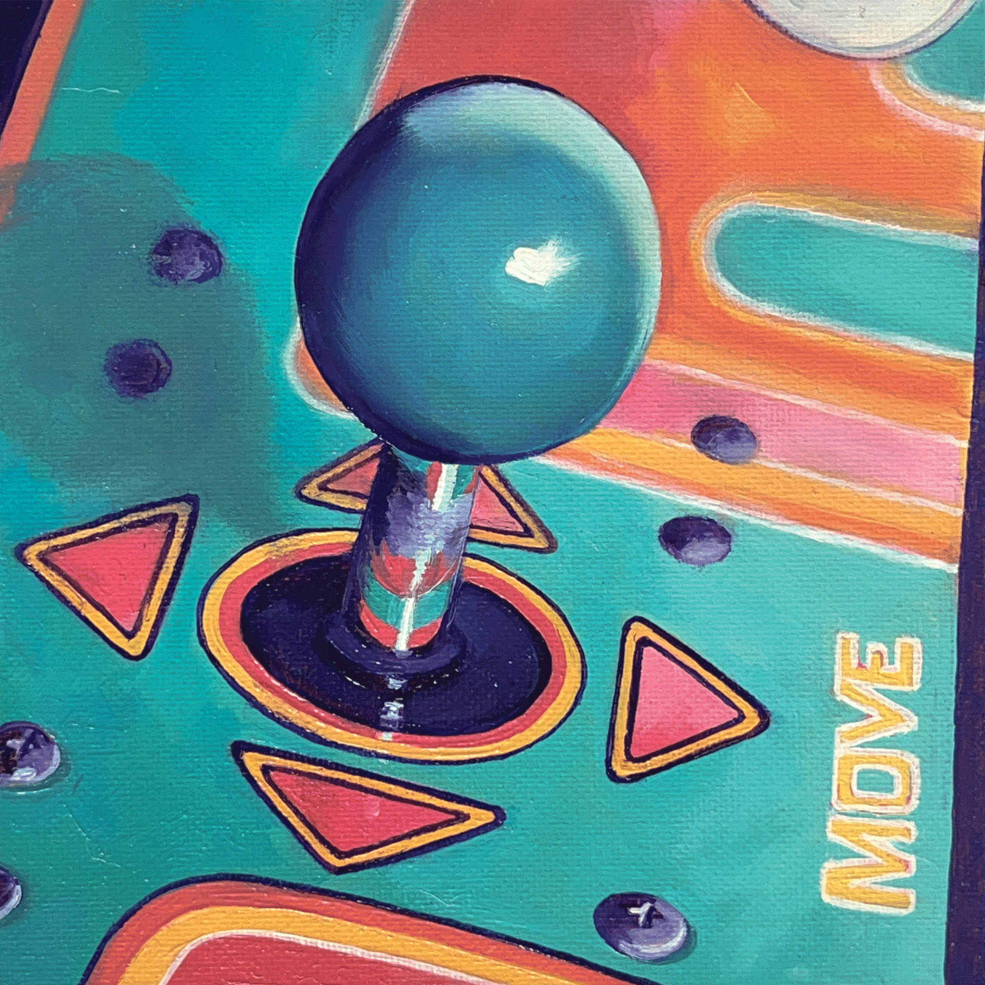 Close-up of a joystick on a colorful arcade machine panel with 'MOVE' text.