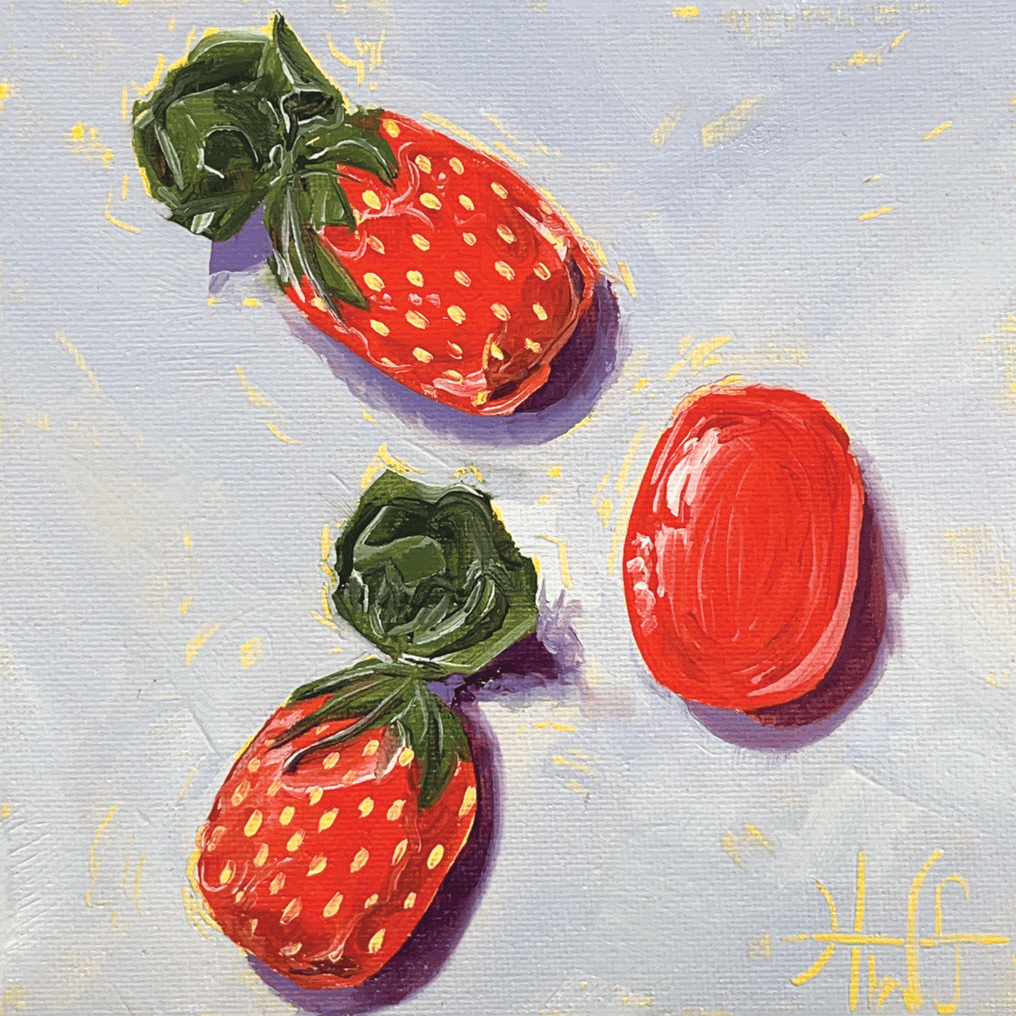 Painting of three strawberry candies on a textured light blue background