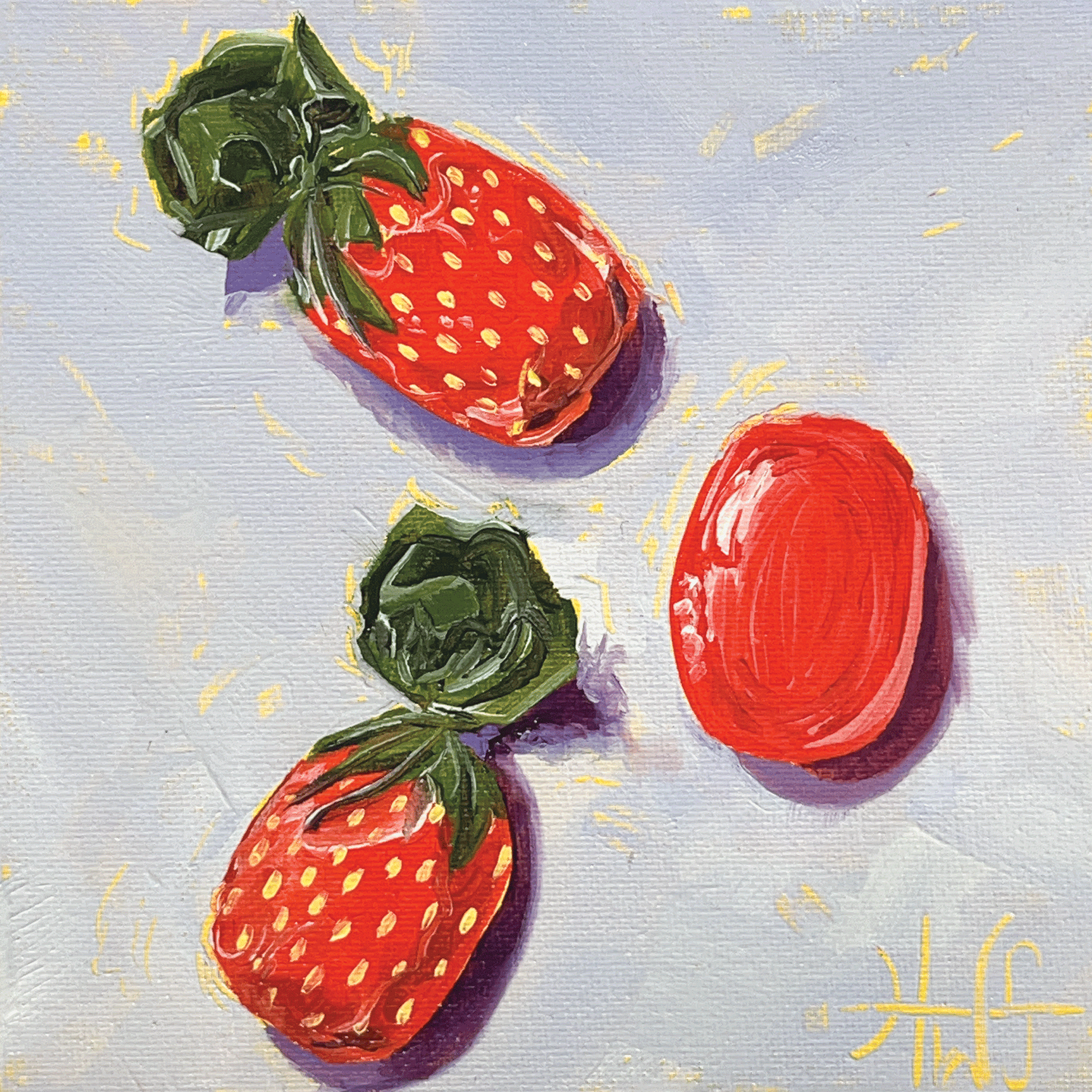 Painting of three strawberry candies on a textured light blue background