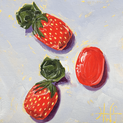 Painting of three strawberry candies on a textured light blue background