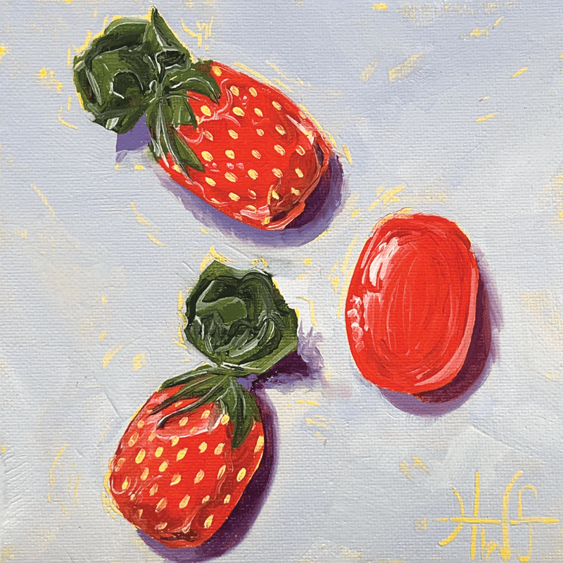Painting of three strawberry candies on a textured light blue background