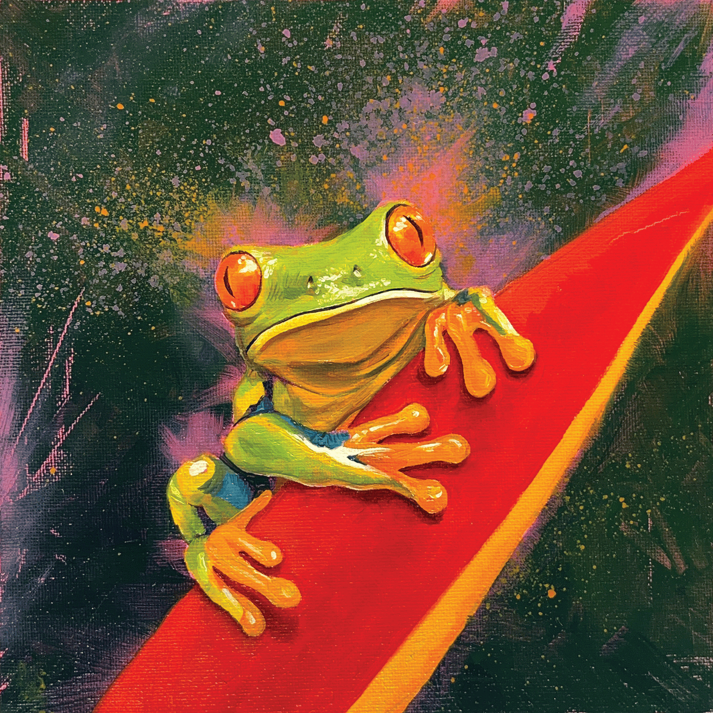 Colorful tree frog on a red leaf with a vibrant background