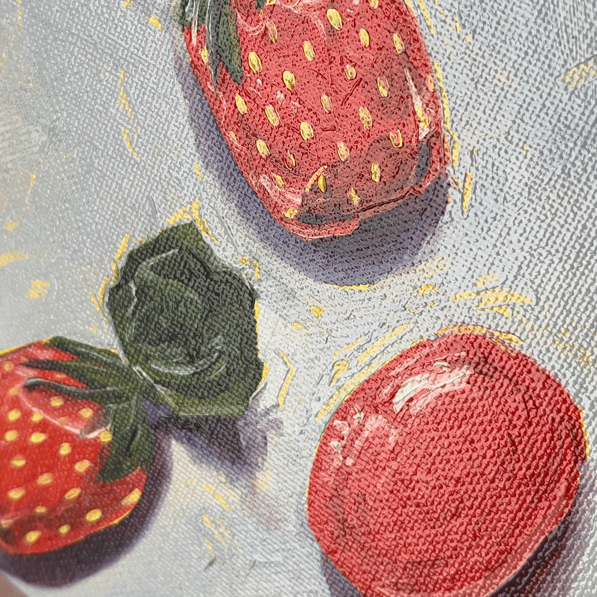 close up strawberry candy oil painting with light reflections