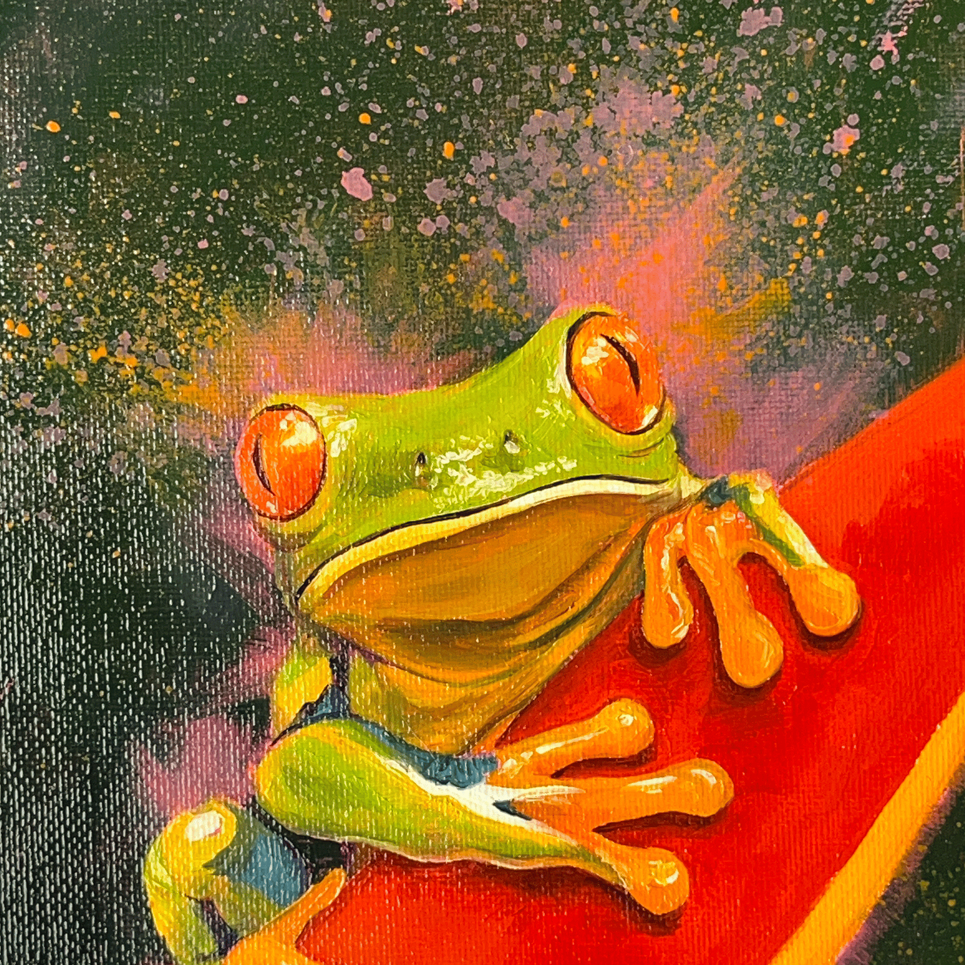 Colorful oil painting of a frog on a red leaf with a dark background