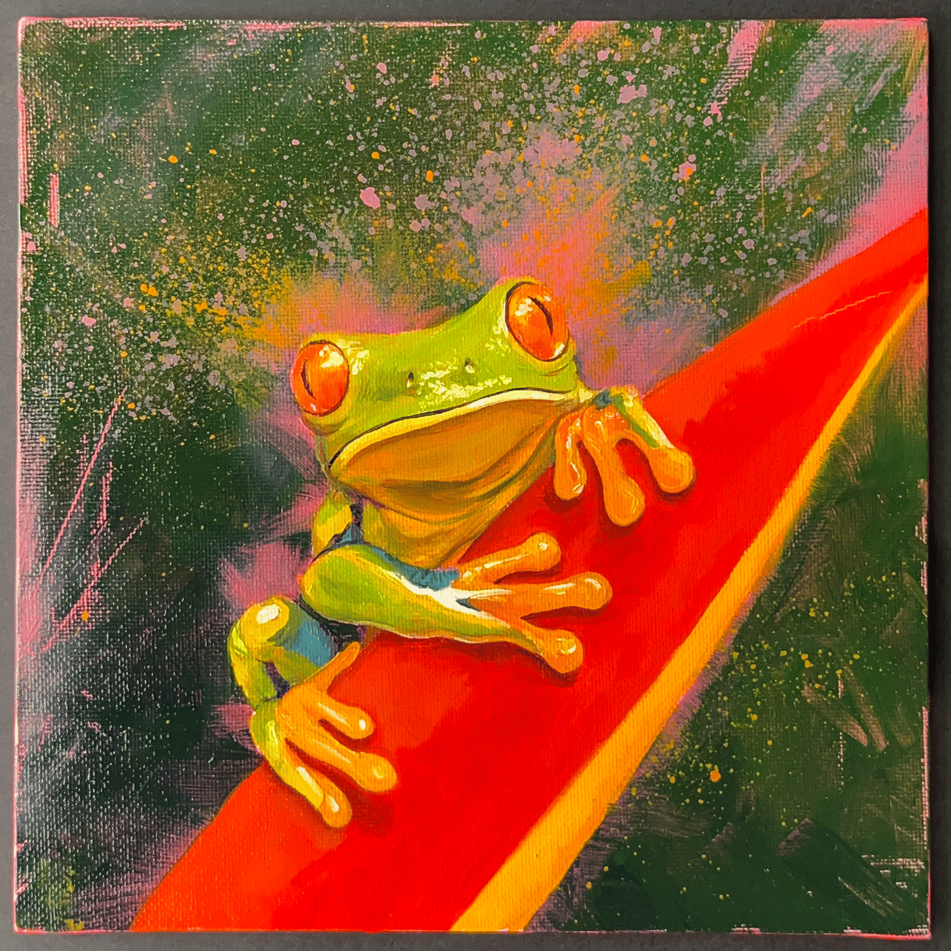 close up tree frog oil painting vibrant green frog